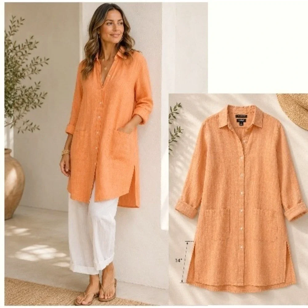 Jones New York Jones & Co 100% Linen Tunic Shirt Dress Orange Apricot Medium - Picture 2 of 14